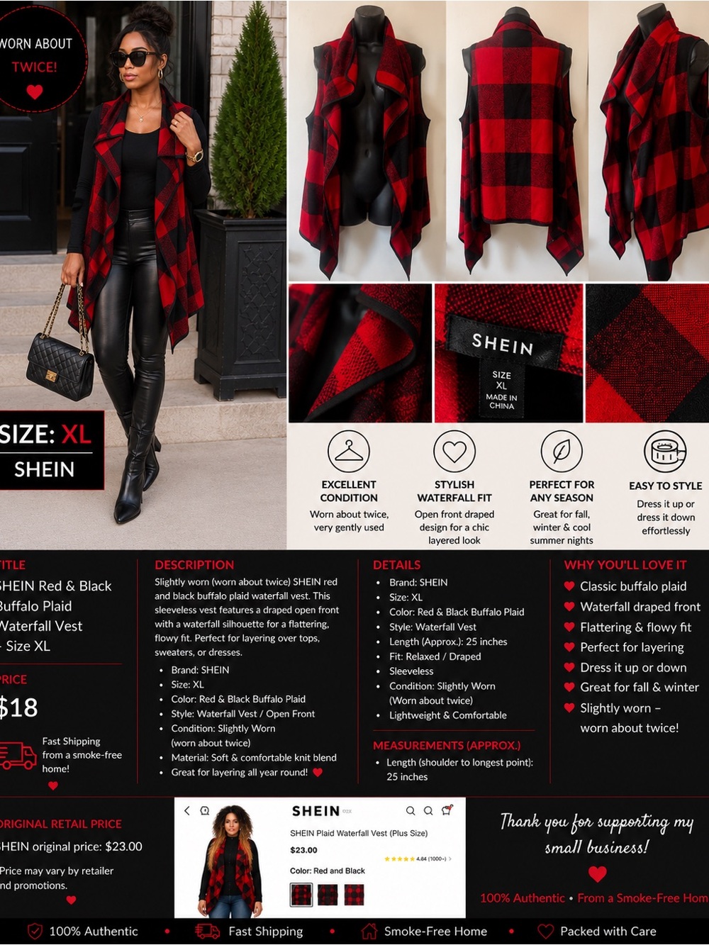 SHEIN Red & Black Buffalo Plaid Waterfall Vest